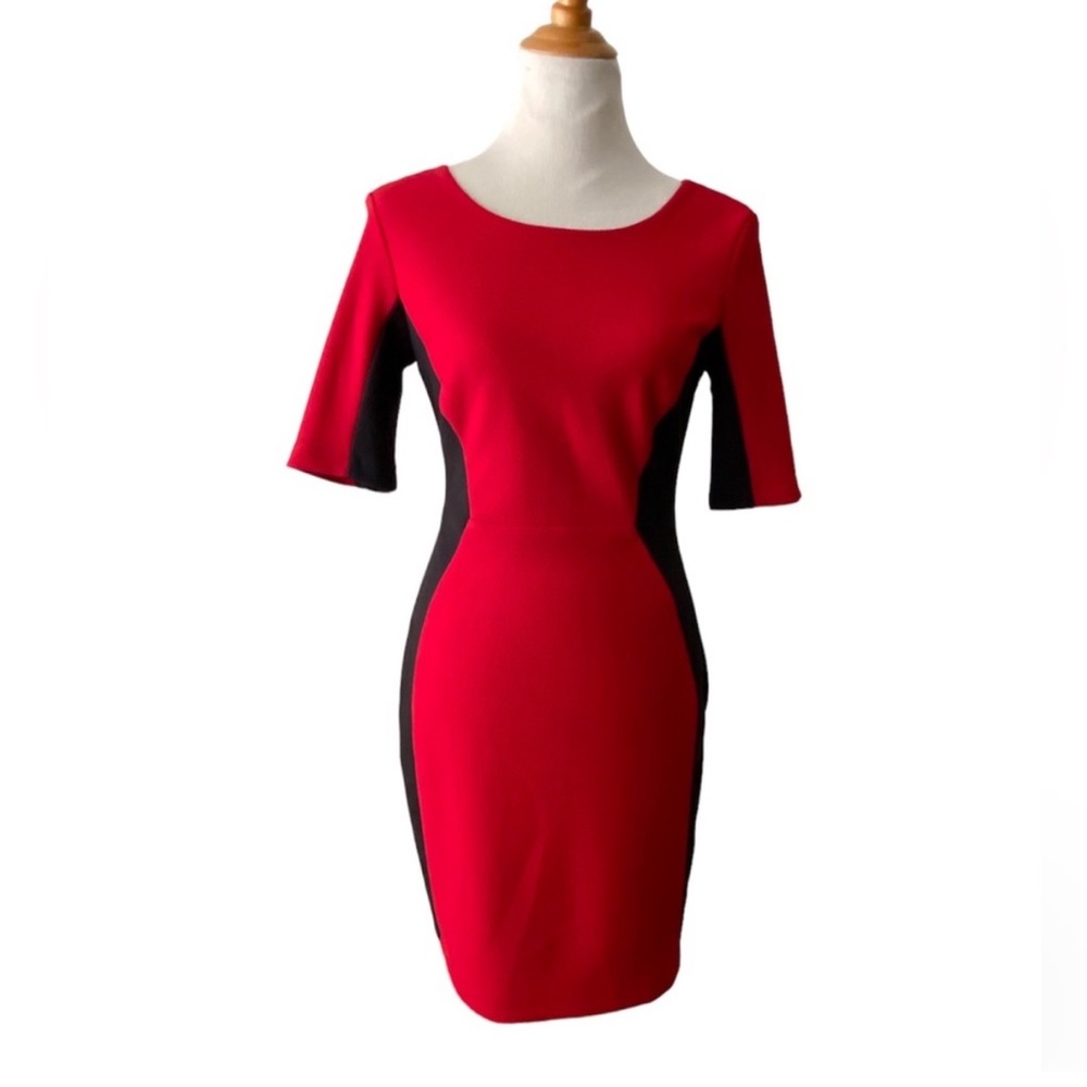 Bisou Bisou Michele Bohbot Ponte Dress Red Black Hourglass Stretch Size 8